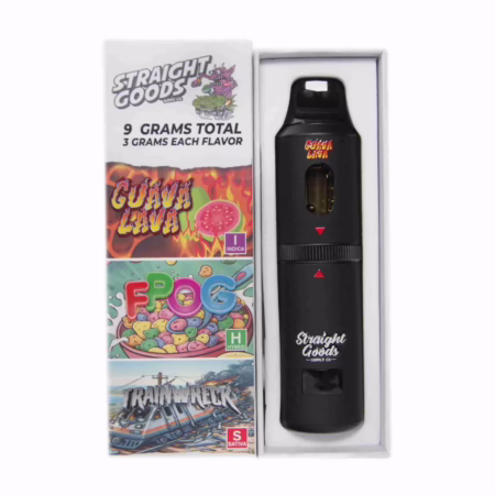 Straight Goods Triple Chamber Pen (9g) featuring Knishasa, Blueberry Lemonade, and Peach Apricot flavors in sleek packaging.