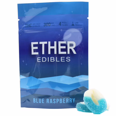 Ether Edibles - Blue Raspberry 300mg package featuring vibrant blue raspberry gummies, perfect for a tasty THC experience.