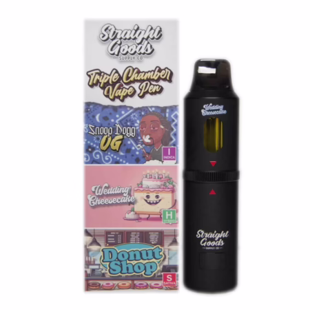 Straight Goods Triple Chamber Pen (9g) featuring Snoop Dogg OG, Wedding Cheesecake, and Donut Shop flavors for a premium vaping experience.