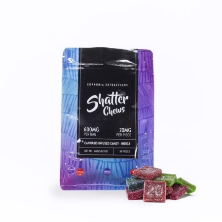 Euphoria Extractions - Shatter Chews 600mg (Indica) cannabis-infused candy, featuring colorful gummies in a convenient bag.