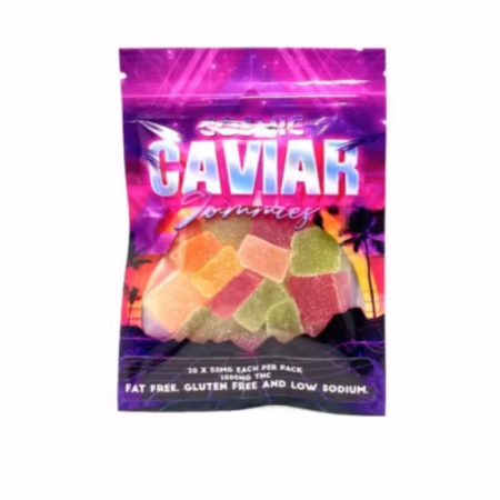 Colorful cannabis-infused gummies in a vibrant package, featuring 1000mg THC, gluten-free, and low sodium.
