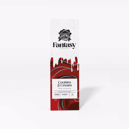 Fantasy Psychedelics Cookies & Cream packaging, featuring vibrant design and detailed product information.