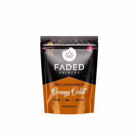 Faded Edibles - Orange Orbit 600mg packaging showcasing mega dosed cannabis-infused gummies for a flavorful experience.