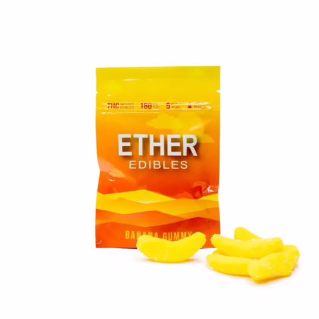 Ether Edibles - Banana 180mg gummy package with bright yellow gummies displayed, ideal for cannabis consumers.