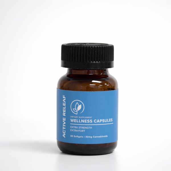 Active Releaf CBD Gel Capsules 15mg x 30 Capsules 1 Active Releaf CBD Gel Capsules 15mg x 30 Capsules in a brown bottle with a blue label, designed for wellness support.