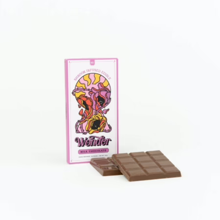Wonder Psilocybin Chocolate Bar – Milk Chocolate 6000mg with vibrant packaging and chocolate pieces displayed.