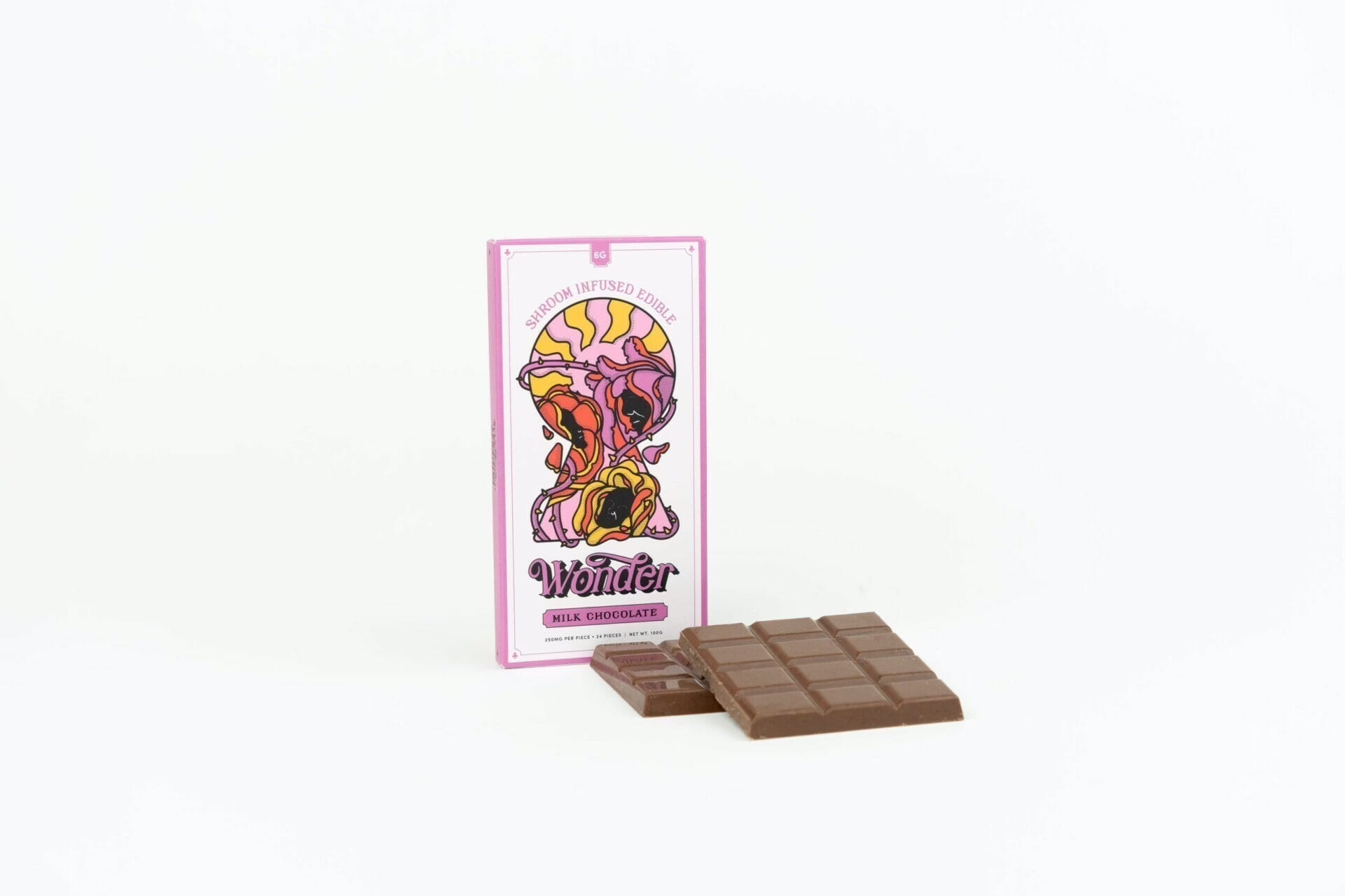 Wonder Psilocybin Chocolate Bar – Milk Chocolate 6000mg 1 Wonder Psilocybin Chocolate Bar – Milk Chocolate 6000mg with vibrant packaging and chocolate pieces displayed.