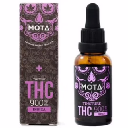 Mota Cannabis THC Tincture 900mg Indica in amber bottle with dropper, featuring decorative packaging.