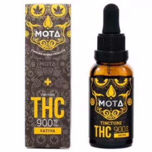 Mota Cannabis THC Tincture 900mg (Sativa) in a decorative bottle and box, ideal for cannabis consumers seeking potent effects.