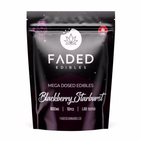 Faded Edibles - Blackberry Starburst 600mg package showcasing vibrant design and product details for cannabis enthusiasts.