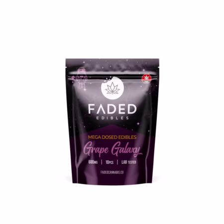 Faded Edibles - Grape Galaxy 600mg packaging featuring vibrant design and product details for cannabis enthusiasts.