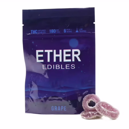 Ether Edibles - Grape 160mg offers a delicious THC-infused gummy experience with a sweet grape flavor.