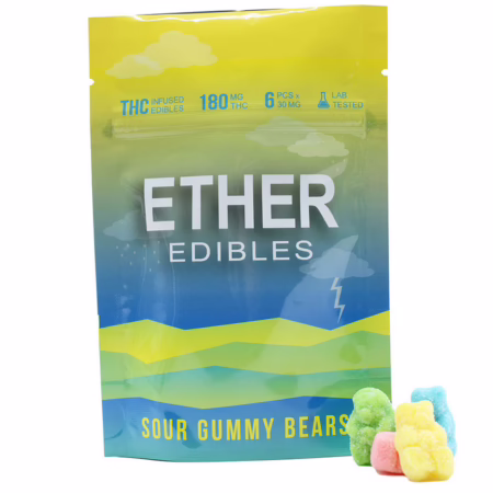 Ether Edibles - Sour Gummy Bears 180mg package featuring colorful gummy bears, perfect for a tasty THC-infused treat.