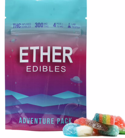 Ether Edibles - Adventure Pack 300mg features THC-infused gummies, perfect for an adventurous experience with 4 pieces at 75mg each.