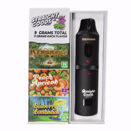 Straight Goods Triple Chamber Pen (9g) featuring Knishasa, Blueberry Lemonade, and Peach Apricot flavors in sleek packaging.
