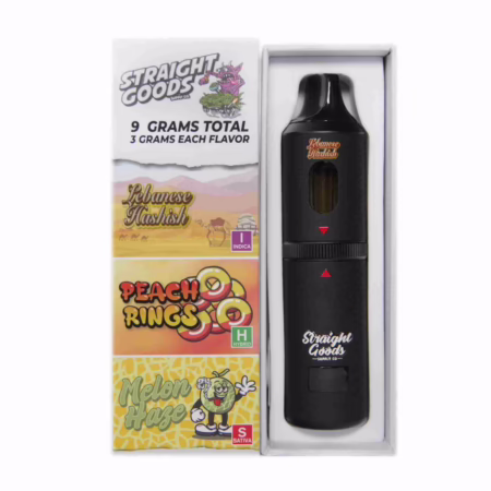 Straight Goods Triple Chamber Pen (9g) featuring Knishasa, Blueberry Lemonade, and Peach Apricot flavors in sleek black packaging.