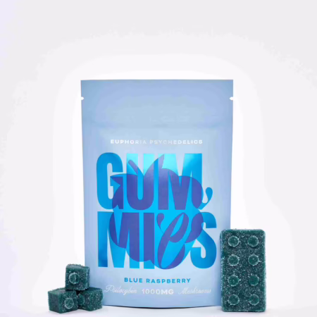 Euphoria Psychedelics blue raspberry gummies, 1000mg packaging with vibrant color and textured gummies displayed.