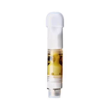 High-quality cannabis vape cartridge with golden oil, featuring a clear design and white cap, suitable for cannabis consumers.