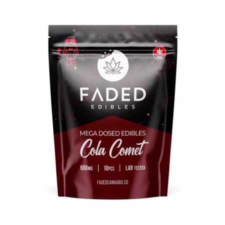 Faded Edibles - Cola Comet 600mg packaging featuring a sleek design with a dark background and vibrant red accents.