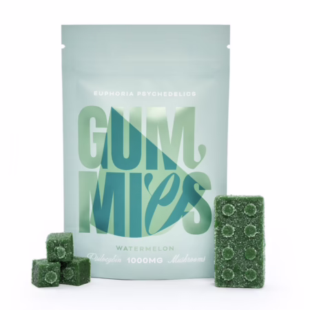 Euphoria Psychedelics watermelon gummies featuring 1000mg of psilocybin, displayed with green gummy cubes.