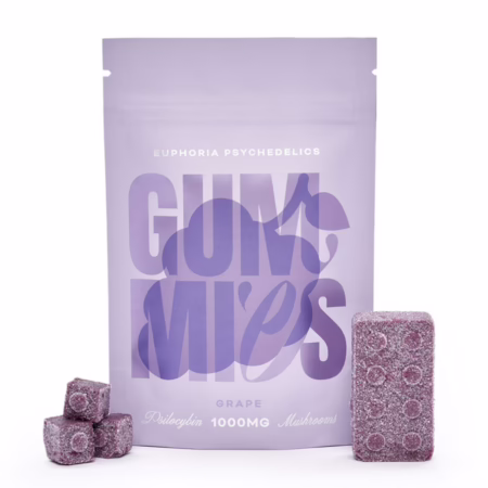 Euphoria Psychedelics – Grape 1000mg gummies in a purple package with three gummies displayed, ideal for cannabis consumers.