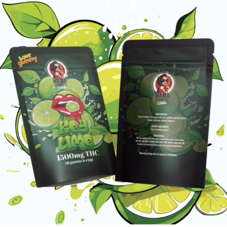 Front and back view of Mama Anne's Edibles - Key Lime 1500mg gummy packaging featuring lime illustrations on a white background.