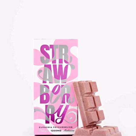 Euphoria Psychedelics Strawberry chocolate bar with 1200mg of psilocybin, featuring a pink and white packaging design.