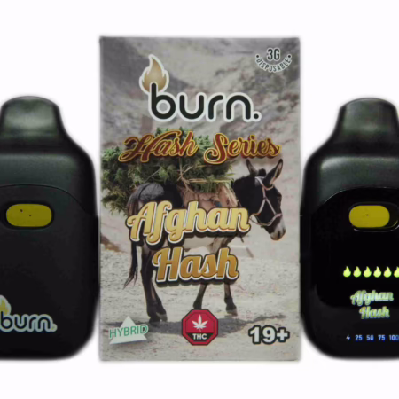 Two black Burn Disposable Pen 3g devices flanking the Afghan Hashish product box featuring a donkey carrying cannabis on a white background.