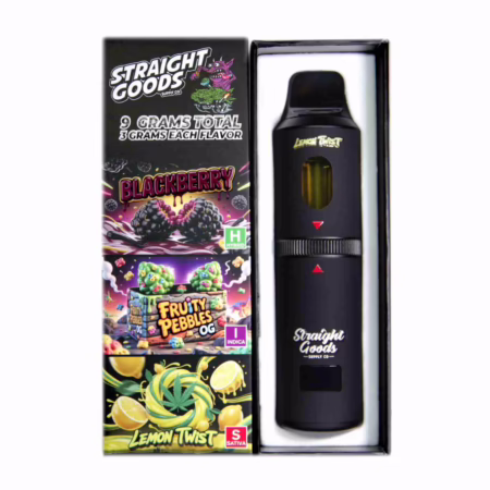 Straight Goods Triple Chamber Pen (9g) featuring Blackberry, Fruity Pebbles OG, and Lemon Twist flavors in sleek packaging.