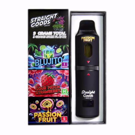 Straight Goods Triple Chamber Pen (9g) featuring Blujito, Sour Patch Strawberry, and Passion Fruit flavors in sleek packaging.