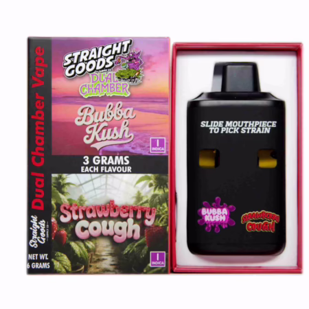 Straight Goods Dual Chamber Pen (6g) - Bubba Kush + Strawberry Cough vape device displayed in its open branded product packaging.