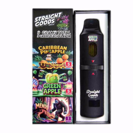 Straight Goods cannabis vape device in black packaging with three flavor options, perfect for AUTO-DRAFT online orders in BC.