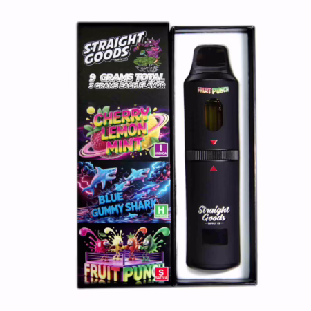 Straight Goods Triple Chamber Pen (9g) featuring Cherry Lemon Mint, Blue Gummy Shark, and Fruit Punch flavors in sleek packaging.