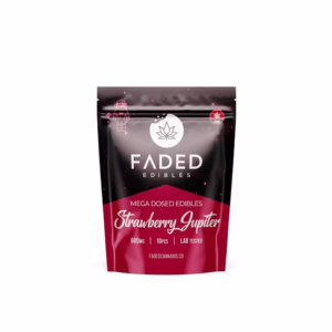 Faded Edibles - Strawberry Jupiter 600mg packaging featuring vibrant colors and lab-tested label for cannabis consumers.