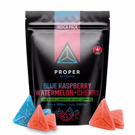 Proper Extracts Live Resin Gummies in Blue Raspberry, Watermelon, and Cherry flavors, featuring vibrant colors and cannabis-infused packaging.