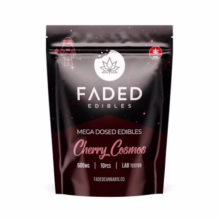 Faded Edibles Cherry Cosmos mega dosed cannabis edibles packaging, featuring a sleek black design with vibrant graphics.