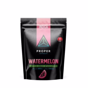 Proper Extracts Live Resin Gummies - Watermelon 1080mg packaging showcasing vibrant colors and cannabis-infused branding.