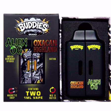 Black packaging for Buddies Brand (2 x 1 Gram) - Alien OG + Oxacan Highland vape set featuring two magnetic snap cannabis vape cartridges.