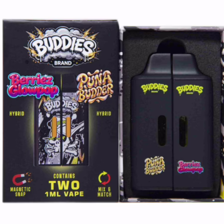 Buddies Brand vape kit featuring two 1ml hybrid vape cartridges in a black magnetic snap box, perfect for cannabis consumers in BC. AUTO-DRAFT.