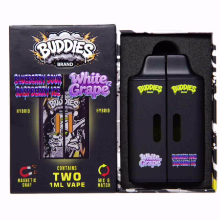 Two black Buddies Brand (2 x 1 Gram) - Blue Sour Raspberry Ice + White Grape V2 vape pens displayed in their open retail packaging.