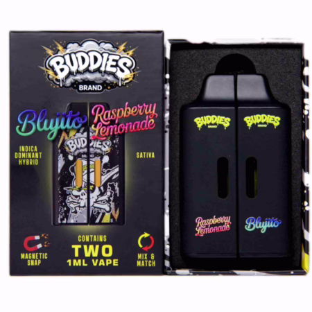 Two black Buddies Brand vape pens in a box, featuring Raspberry Lemonade and Blujito flavors, available as an AUTO-DRAFT cannabis product.