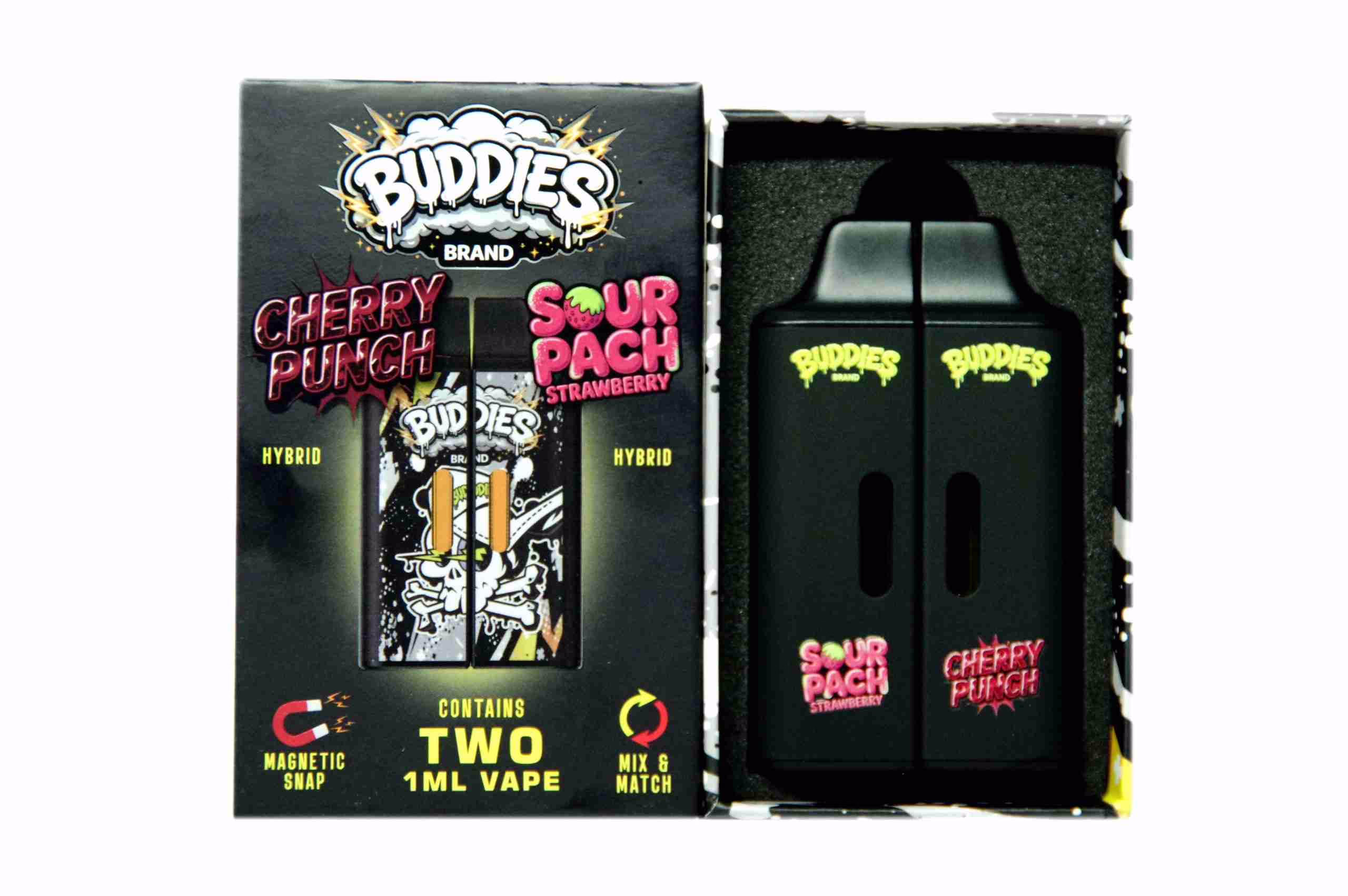 Buddies Brand vape kit featuring two 1ml hybrid vape pens in Cherry Punch and Sour Pach Strawberry flavors, displayed in a black magnetic box.