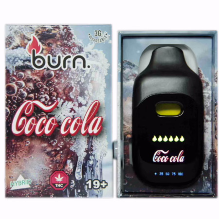 A black 3G disposable vape device by Burn in its original packaging, featuring a digital display and sleek design for cannabis consumers. AUTO-DRAFT.