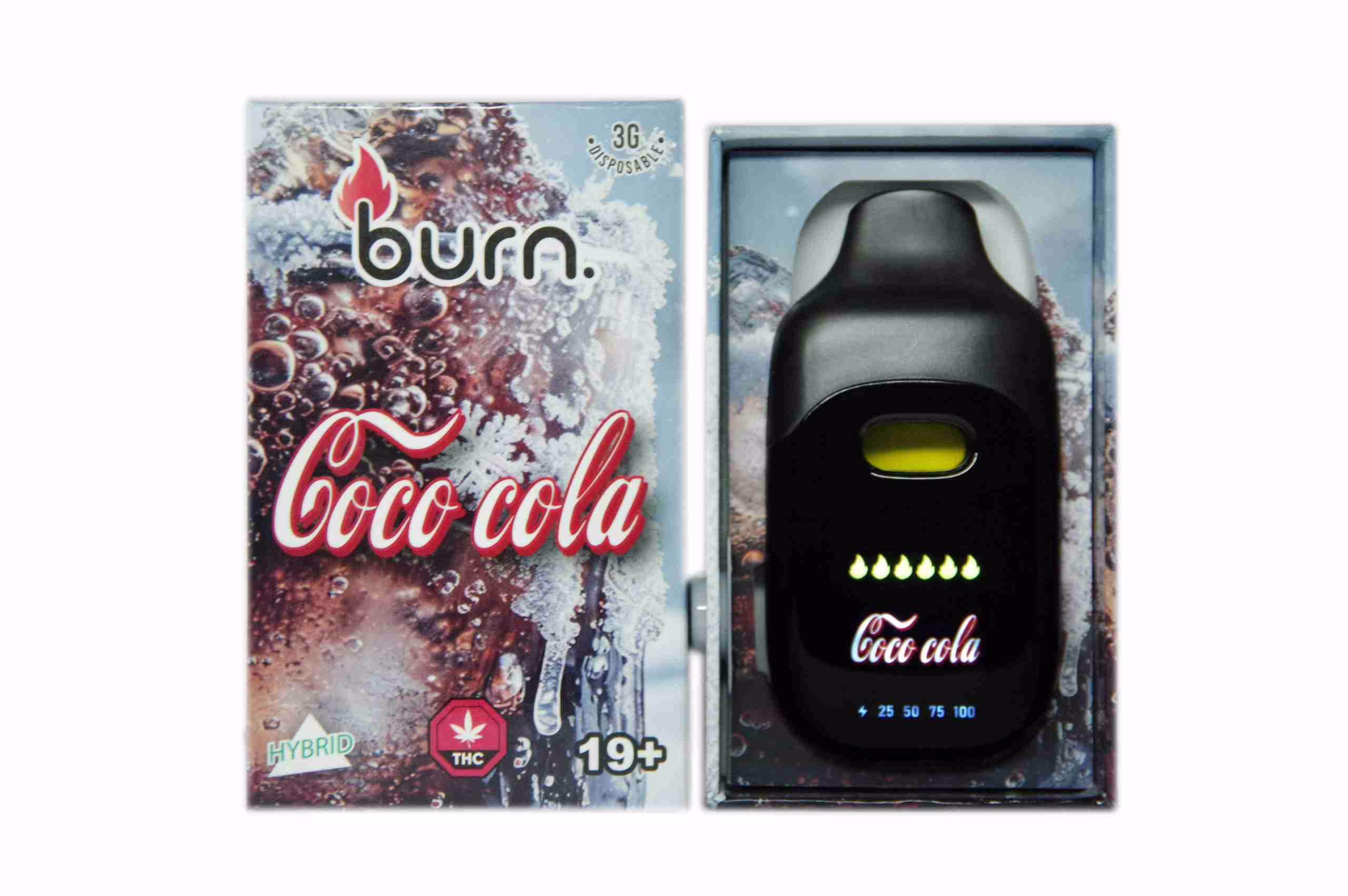 Burn Disposable Pen 3g - Coca Cola 1 A black 3G disposable vape device by Burn in its original packaging, featuring a digital display and sleek design for cannabis consumers. AUTO-DRAFT.