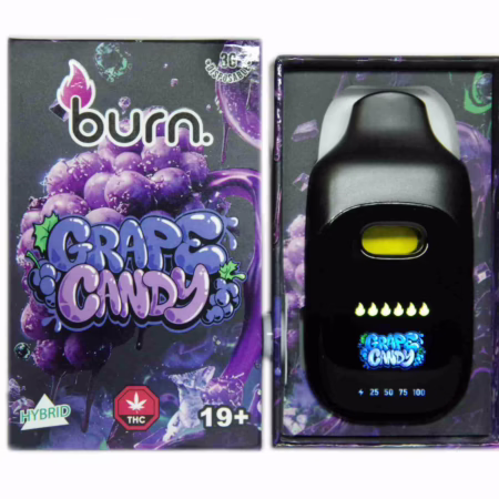 Burn Disposable Pen 3g - Grape Candy in its original packaging, featuring a sleek black vape device with a digital display and purple grape graphics.