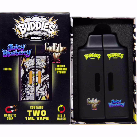 Buddies Brand (2 x 1 Gram) - Juicy Blueberry + Godfather OG vape kit featuring two black disposable vape pens in a branded display box.