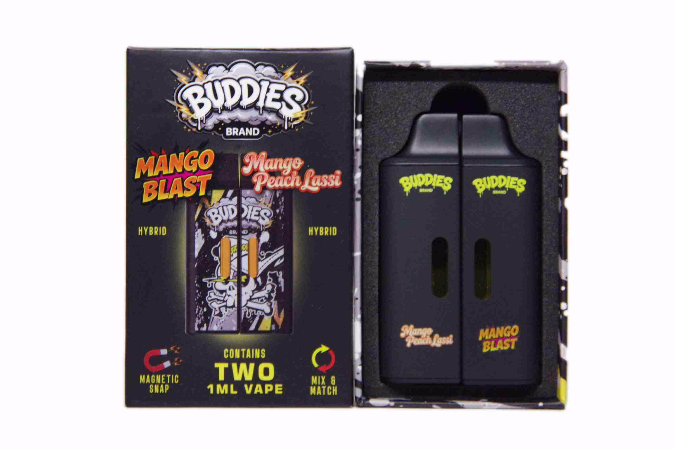 Buddies Brand (2 x 1 Gram) - Mango Blast + Mango Peach Lassi vape kit featuring two black magnetic vape pens in a branded display box.