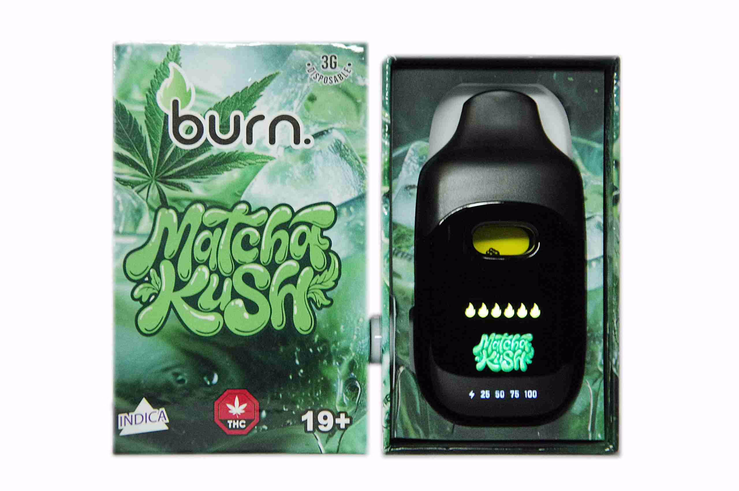 The Burn Disposable Pen 3g - Matcha Kush vape device shown next to its green packaging featuring cannabis leaf and ice graphics.
