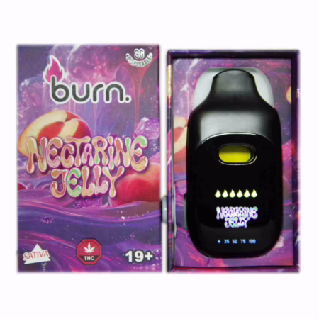 A black Burn Nectarine Jelly disposable vape device next to its purple themed product packaging box, ideal for cannabis consumers.