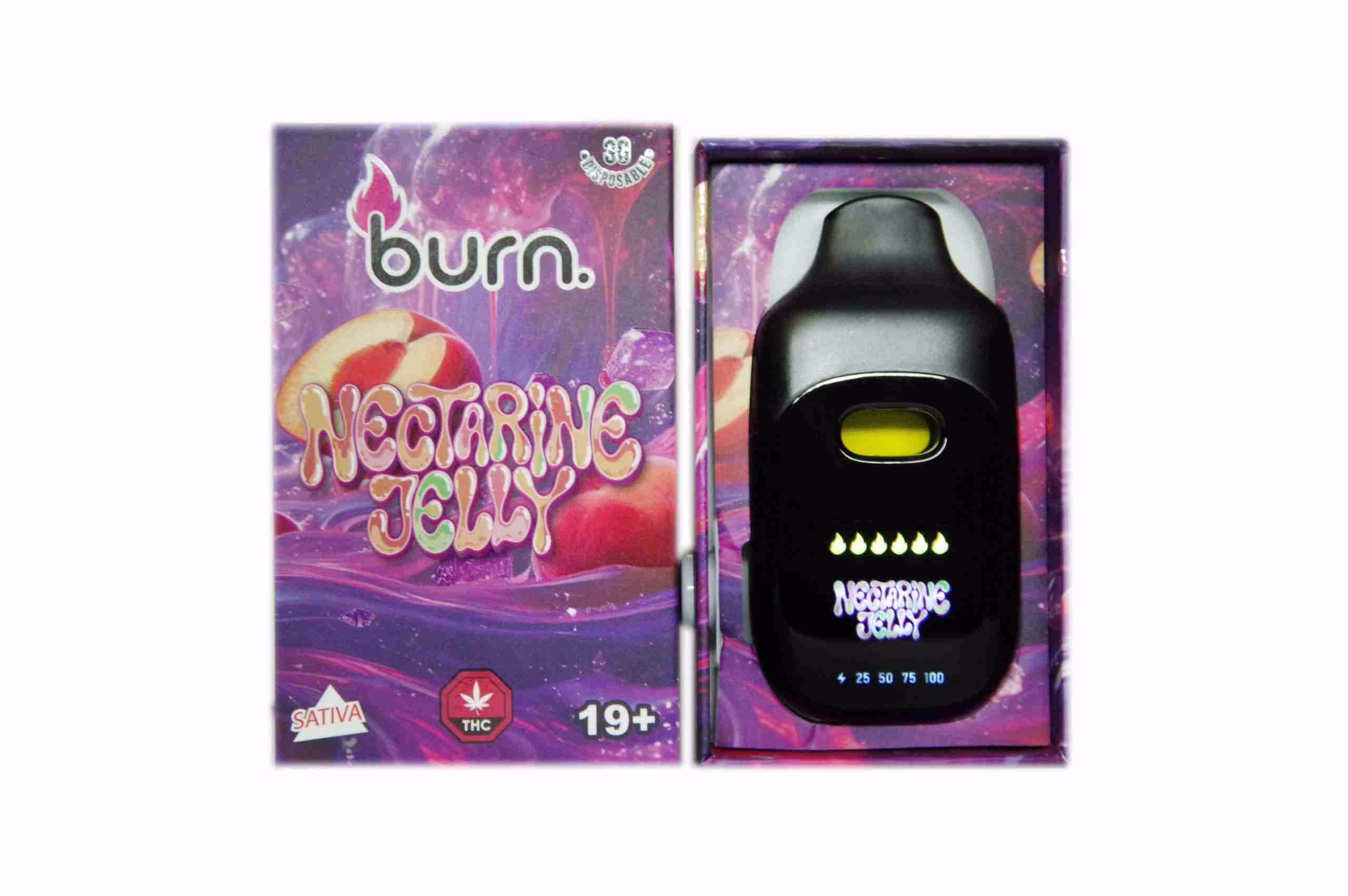 Burn Disposable Pen 3g - Nectarine Dream 1 A black Burn Nectarine Jelly disposable vape device next to its purple themed product packaging box, ideal for cannabis consumers.